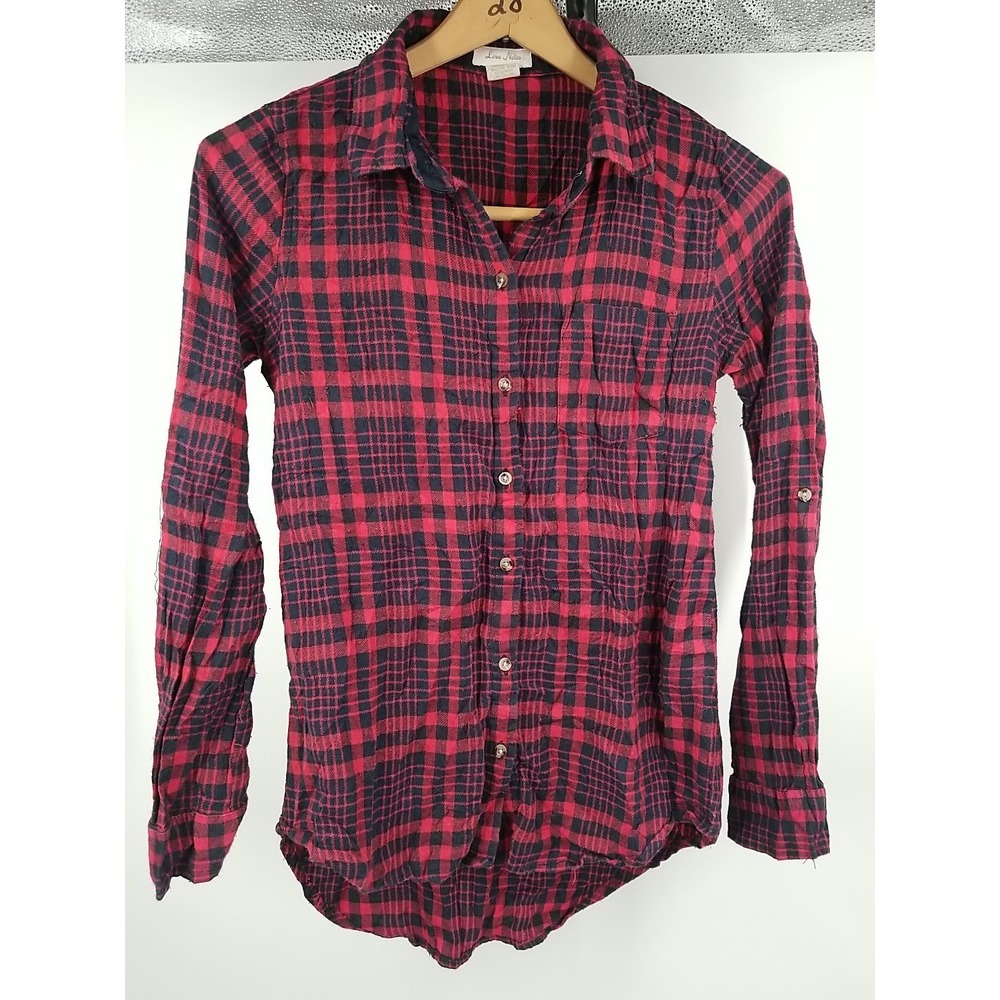 Love Notes Womens Red Black Plaid Flannel‎ Long Sleeve Button Up Shirt Size M